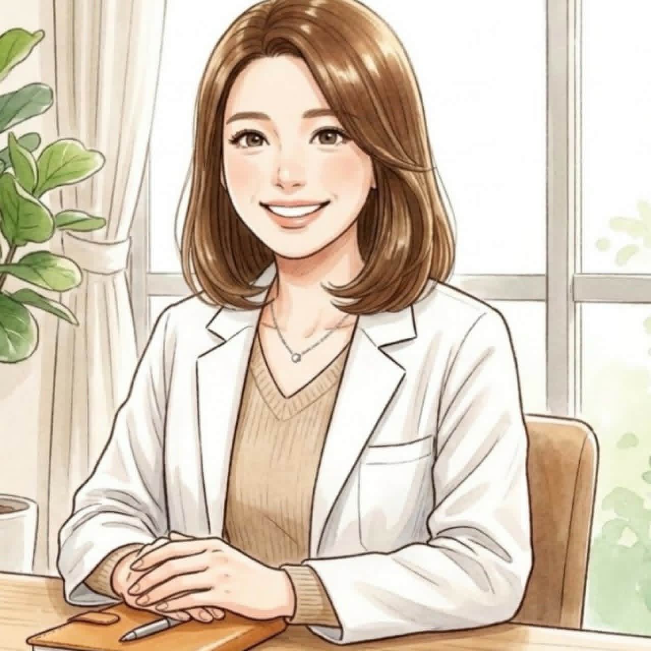 心の保健室サポートのイメージとして白衣を着てデスクでペンを持ち優しく微笑む女性医師のイラスト