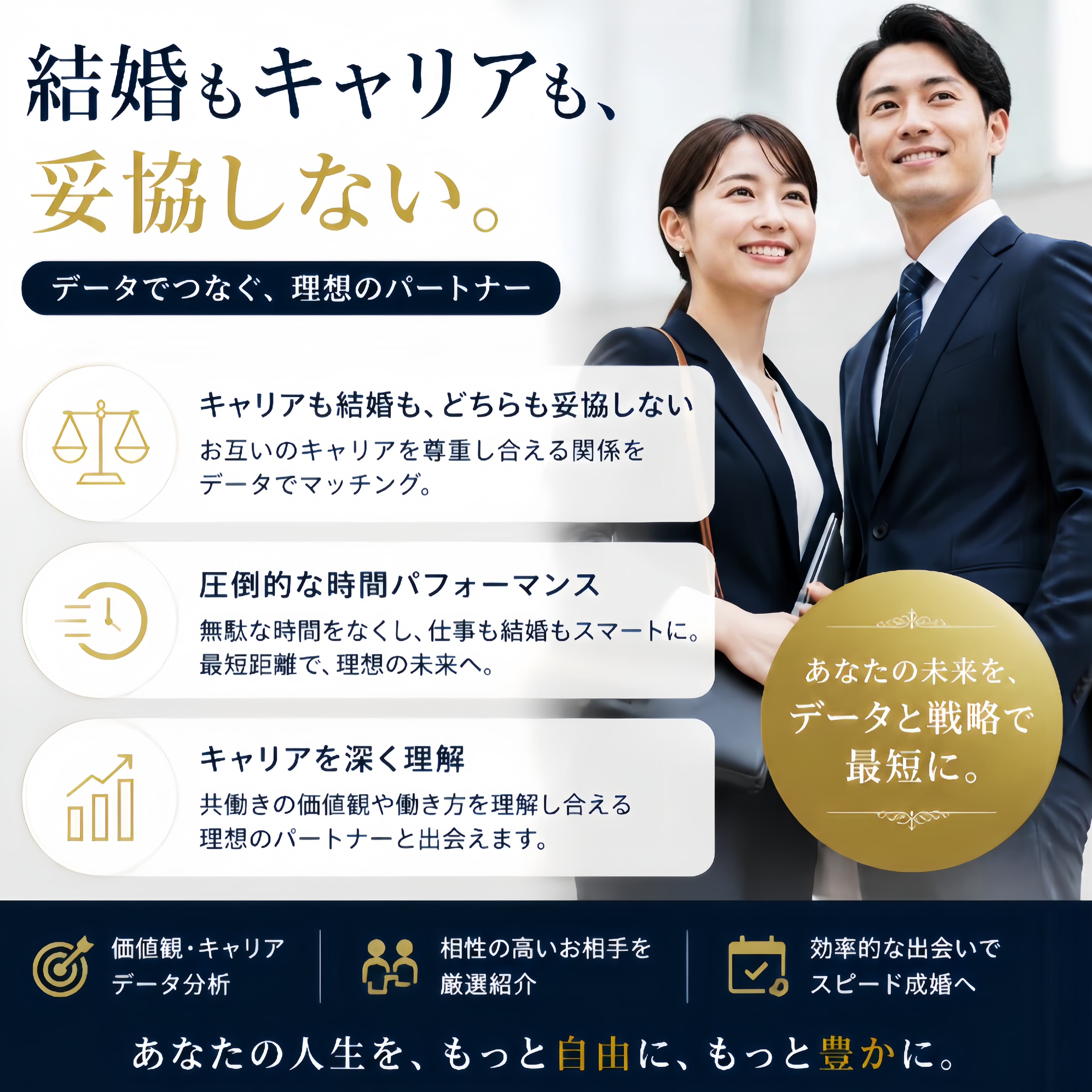 キャリアと結婚を両立するデータマッチングと、圧倒的な時間パフォーマンスを可能にする婚活サービス解説図