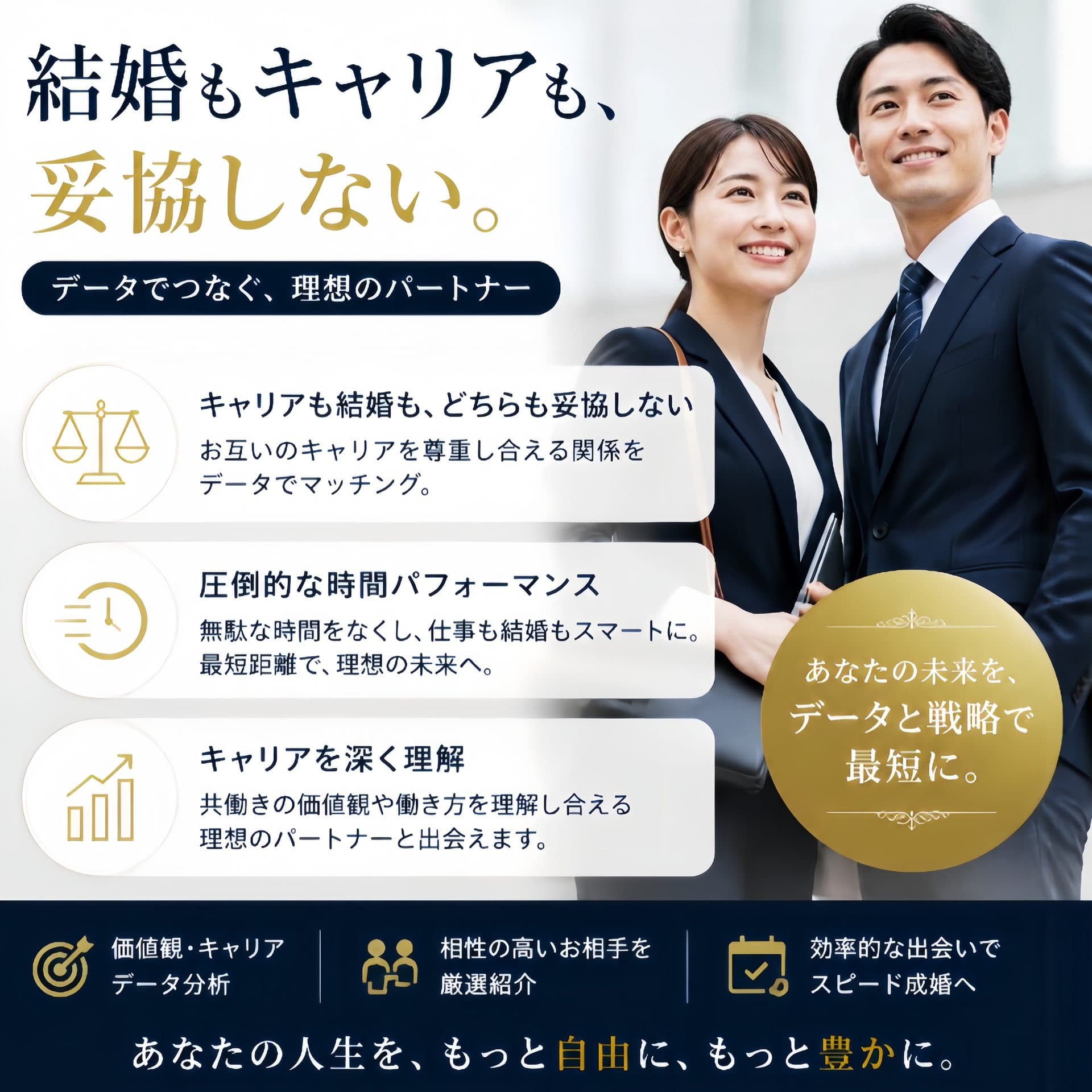 キャリアと結婚を両立するデータマッチングと、時間パフォーマンスを可能にする婚活サービス解説図