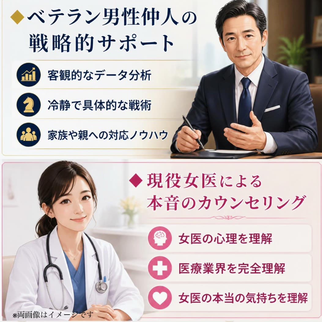 笑顔の現役内科女医がカウンセラーとして結婚相談所でサポートするイメージ
