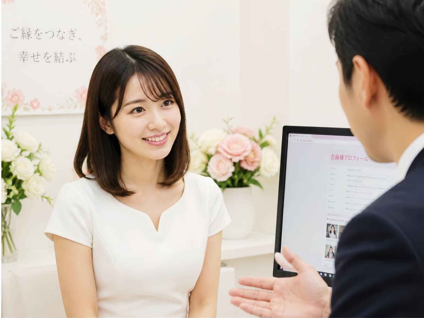 若い女性が婚活の基本からカウンセラーに教えてもらっている面談室の様子