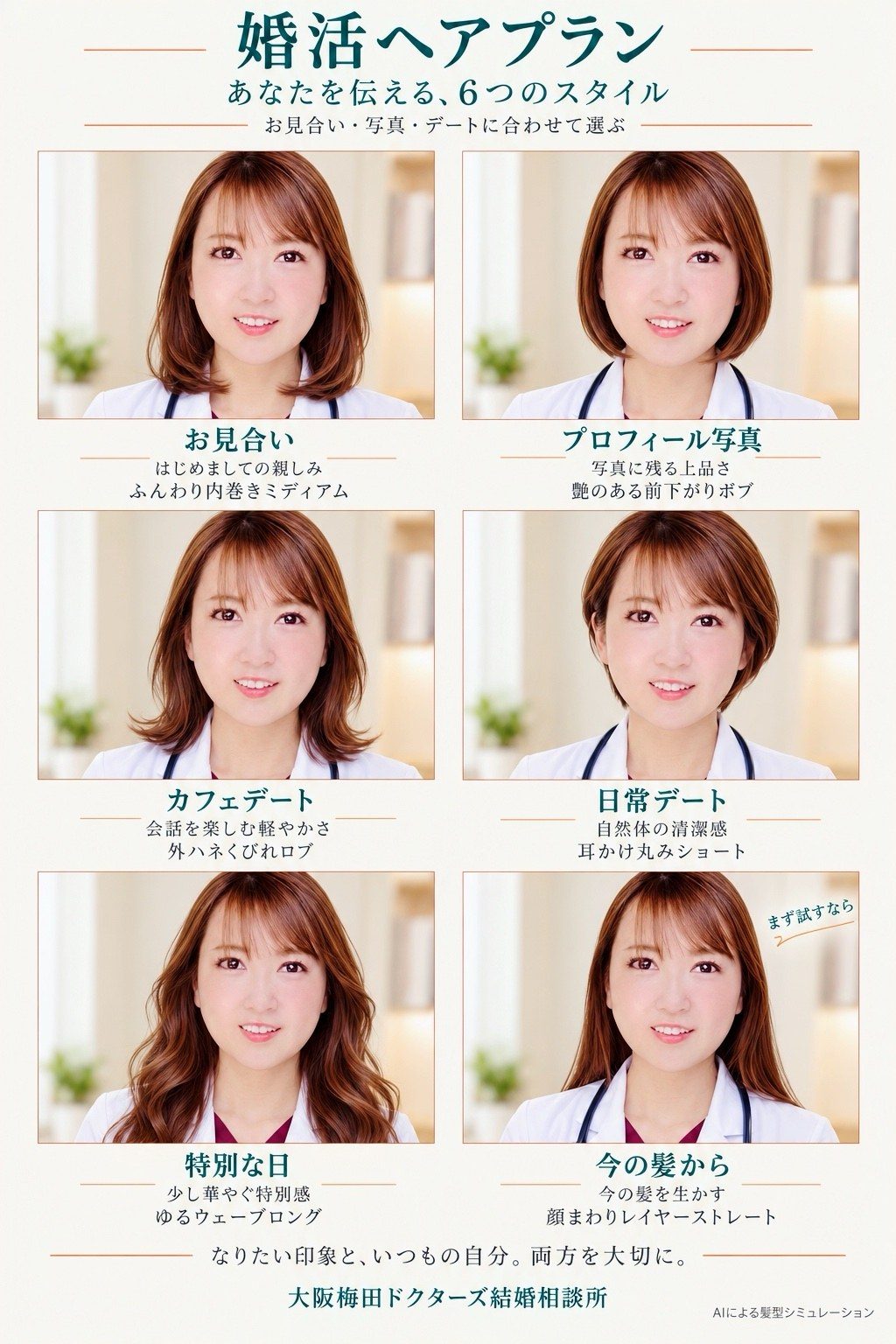 代表カウンセラーの写真をもとに髪型だけを変えた婚活ヘアプラン6スタイルの比較（お見合い・プロフィール写真・デート向け）