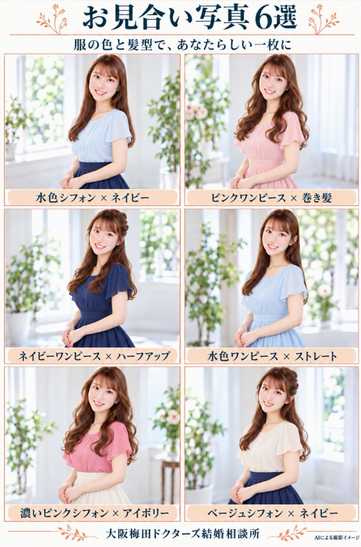 結婚相談所の検索画面に並ぶイメージのお見合い写真6パターン（服の色と髪型の違い）