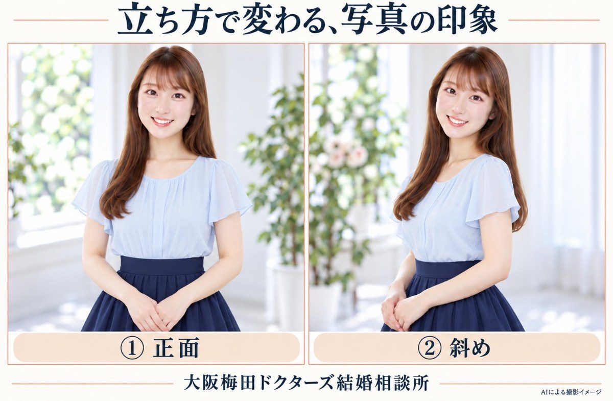 お見合い写真の立ち方比較 正面と斜め（斜めのほうがすっきり見える）