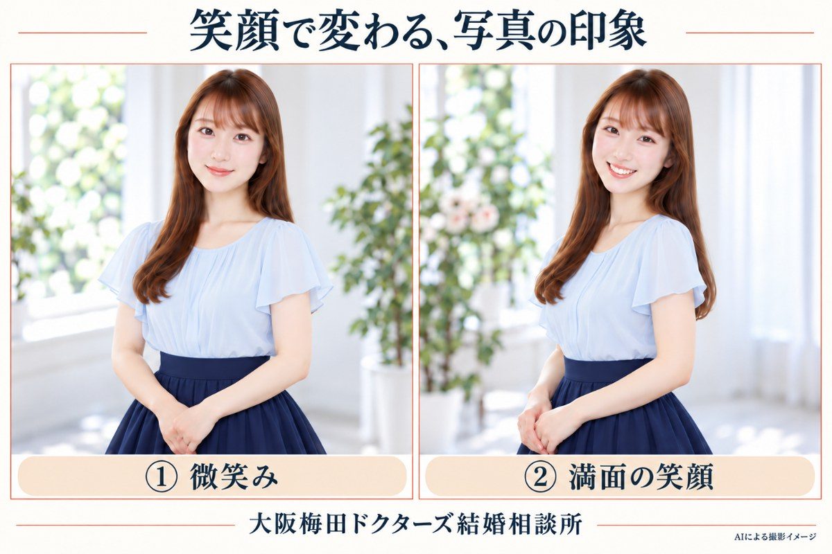 お見合い写真の笑顔比較 微笑みと歯を見せた満面の笑顔
