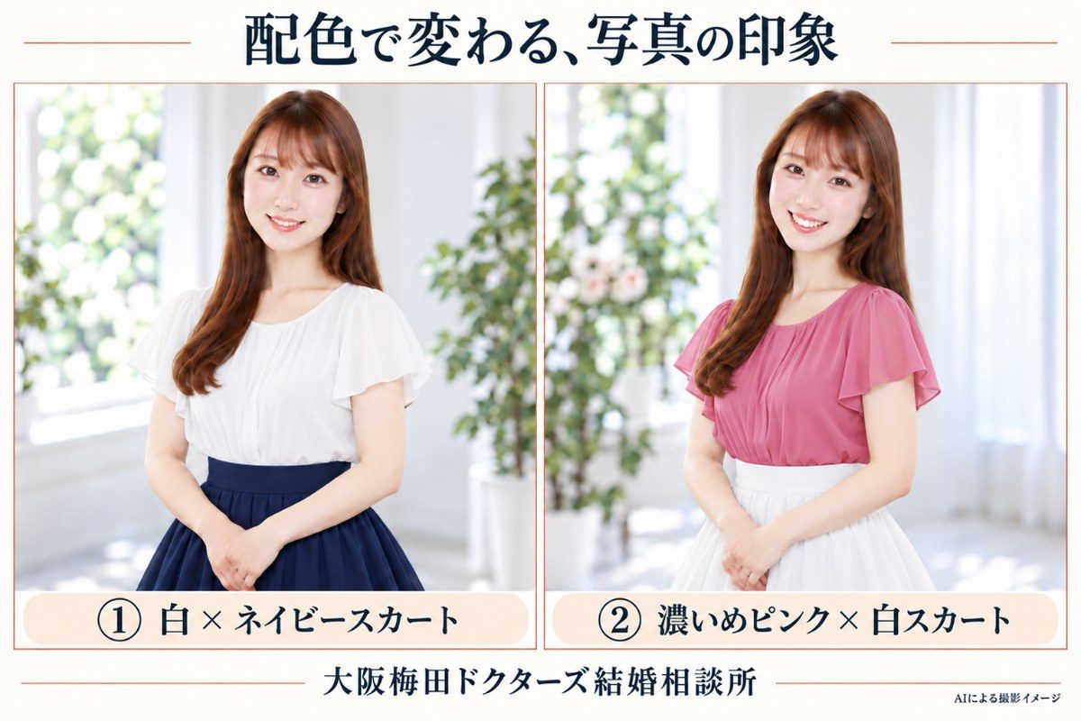 お見合い写真の服の色比較 白ブラウス×ネイビースカートと濃いめピンク×白スカート