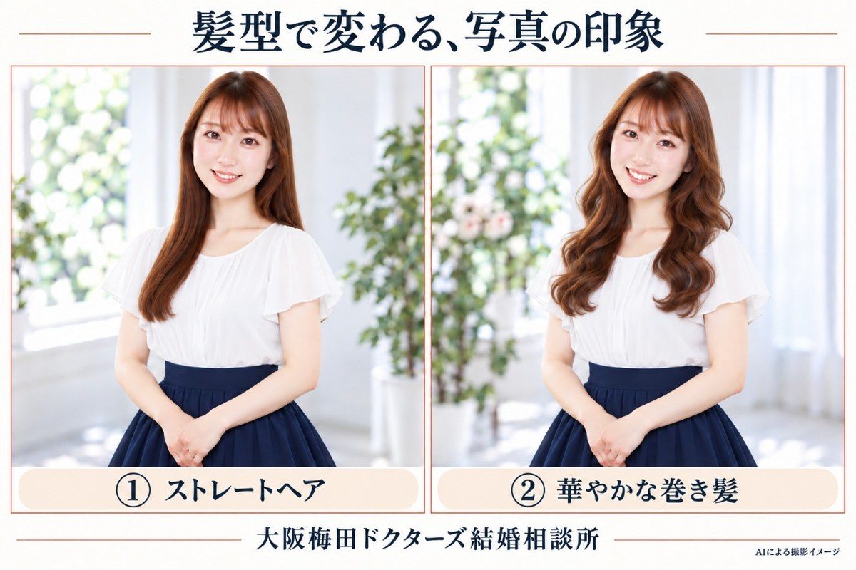 お見合い写真の髪型比較 ストレートヘアと華やかな巻き髪