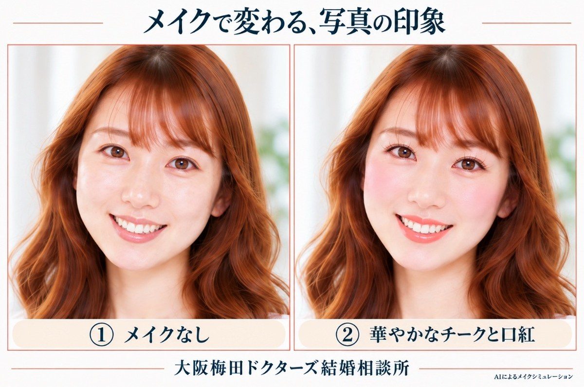 お見合い写真のメイク比較 メイクなしと華やかなチーク・口紅