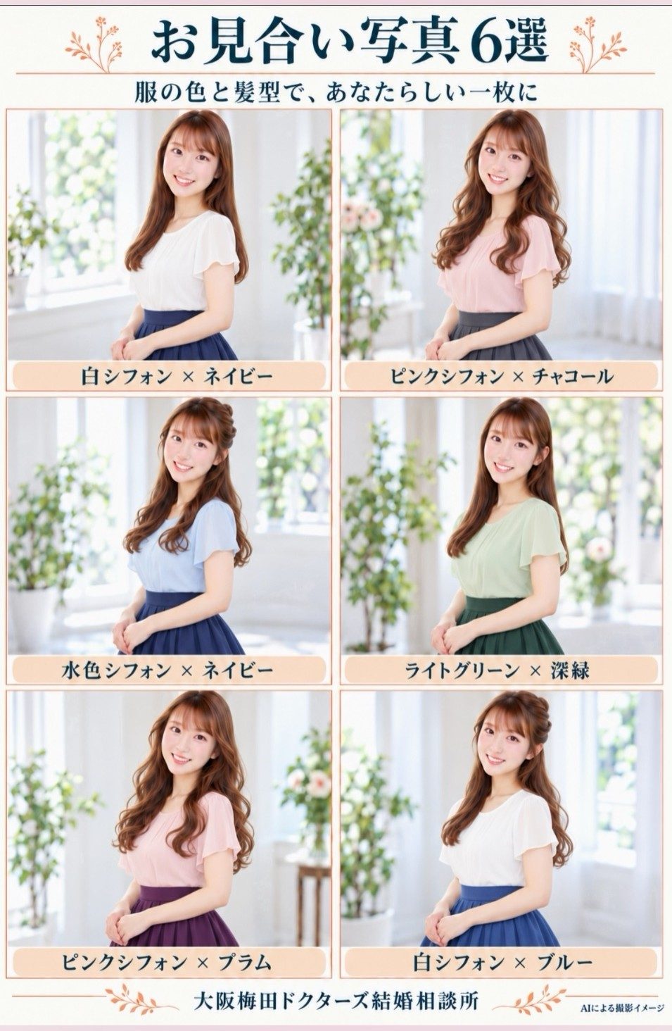 同じシフォンブラウスで、トップスとスカートの色を変えたお見合い写真の服装6パターン