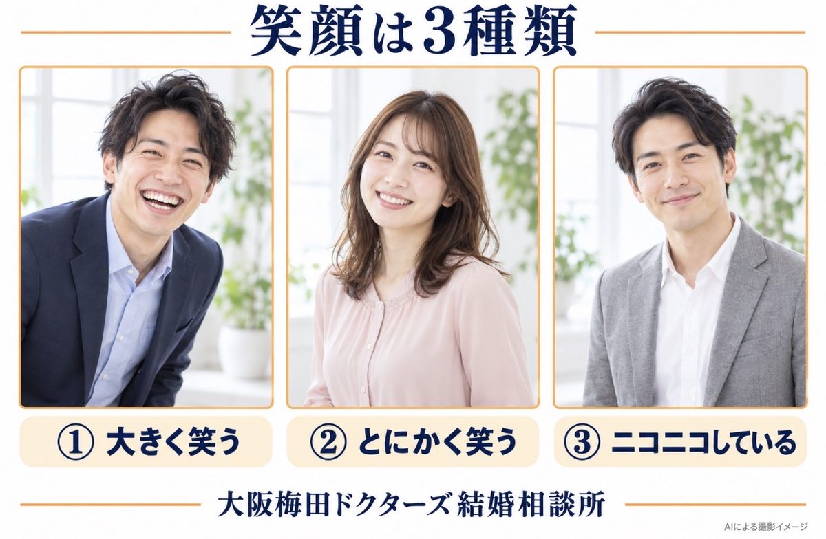 お見合い写真で比べる笑顔の3種類 男性の大きな笑顔・女性のとにかく笑う笑顔・男性のニコニコした微笑み(AIによる撮影イメージ)