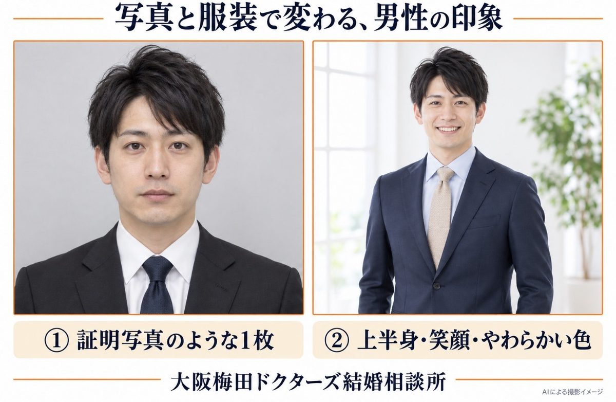 男性のお見合い写真の比較 白シャツ×黒スーツの証明写真風と、やわらかい色のスーツで笑顔の上半身写真(AIによる撮影イメージ)